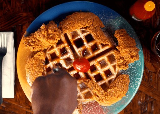 A top down view of chicken and waffles